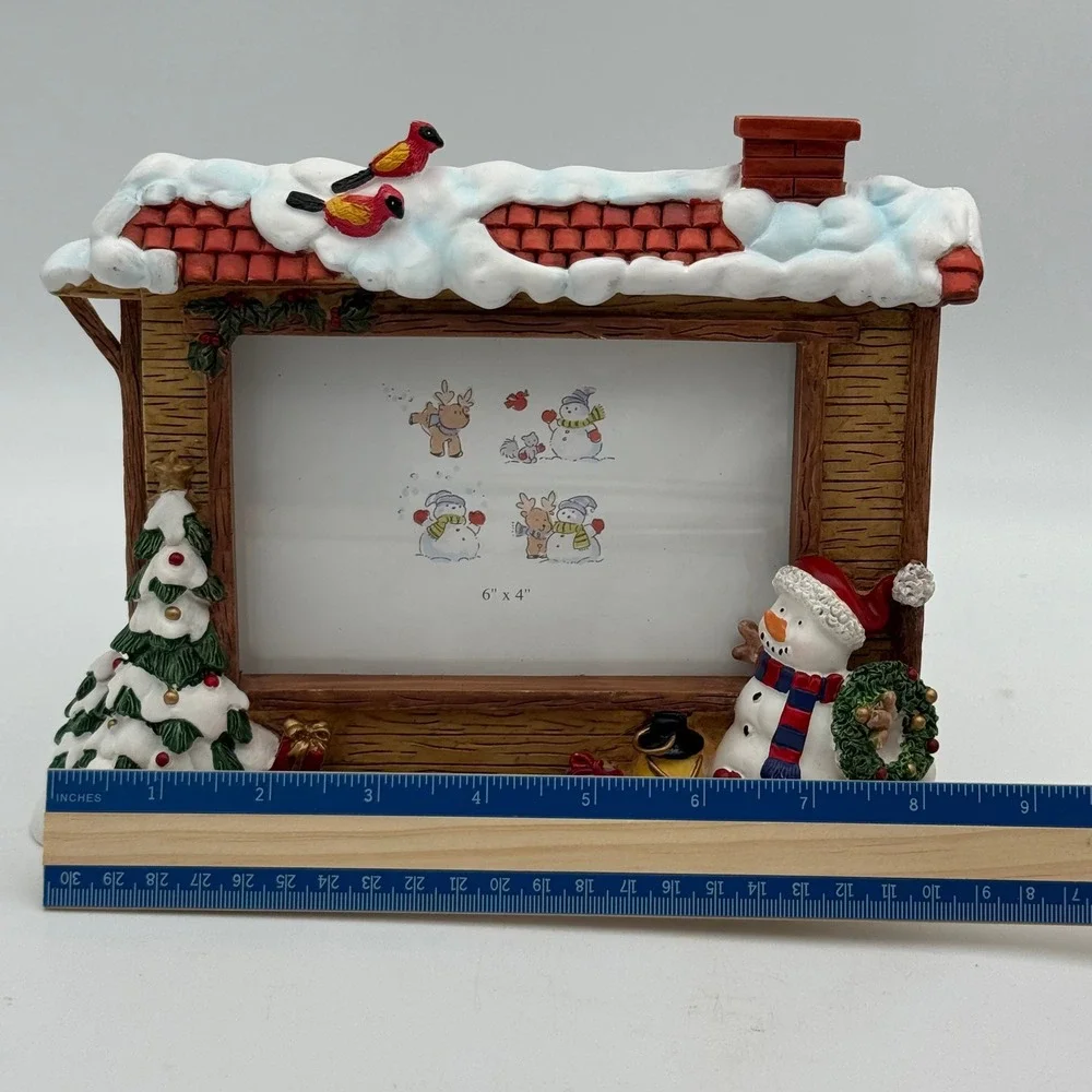 Christmas Snowman Cabin 4x6 Picture Frame Resin Winter Snow Scene Cardinals